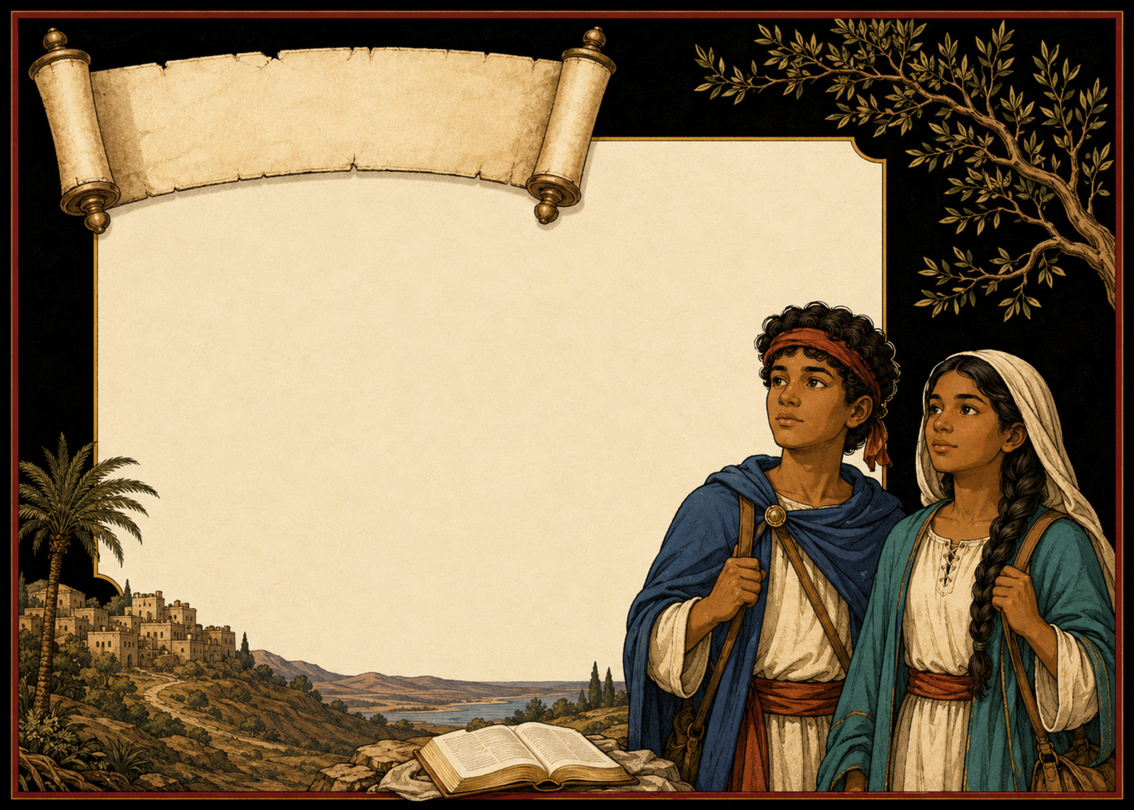 Bible-era young guides overlooking an ancient landscape